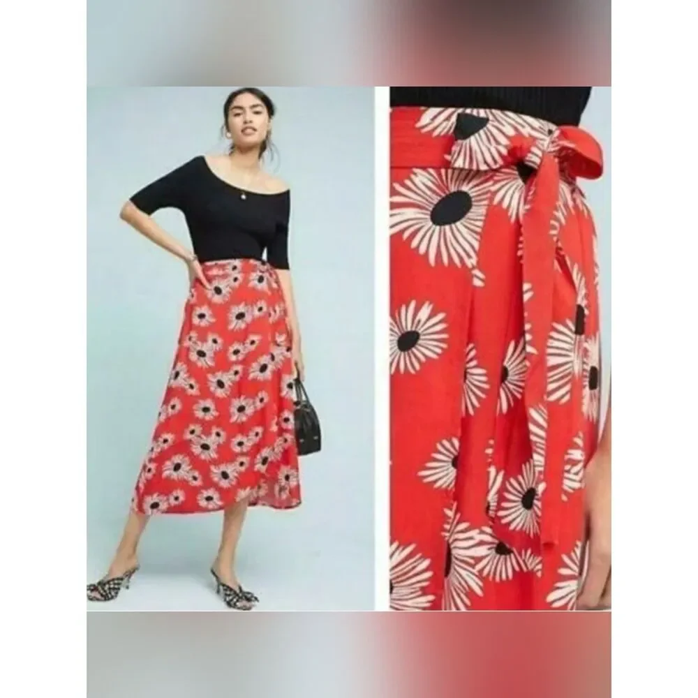 Anthropologie Conversations Limited Red Floral Wrap Skirt Size XS Boho Flowy - Picture 6 of 9